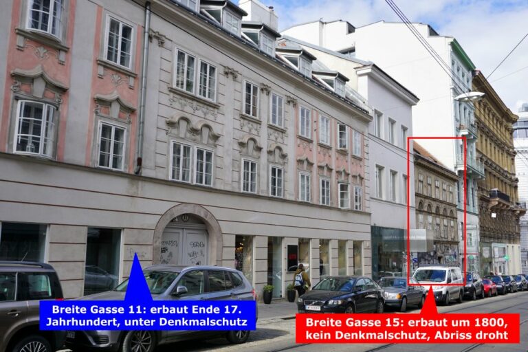 Häuserzeile in der Breite Gasse in Wien, Spittelberg, historische Gebäude