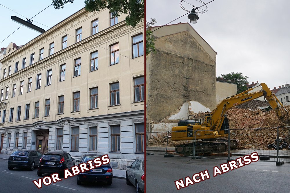 Gründerzeithaus in der Heigerleinstraße 20-22 vor und nach dem Abriss, Ottakring, Wien