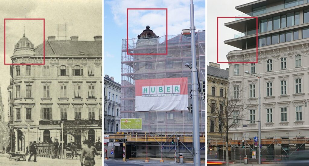 drei Aufnahmen desselben Gebäudes in Wien-Wieden, Ecke Argentinierstraße