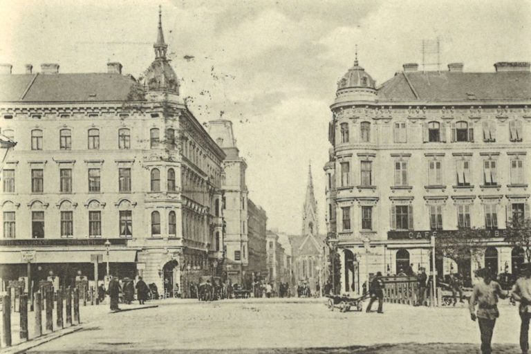 alte Aufnahme der Häuser Wiedner Gürtel 18 und 20, Argentinierstraße, Wien, Elisabethkirche, schwarz-weiß, Personen, Gründerzeit