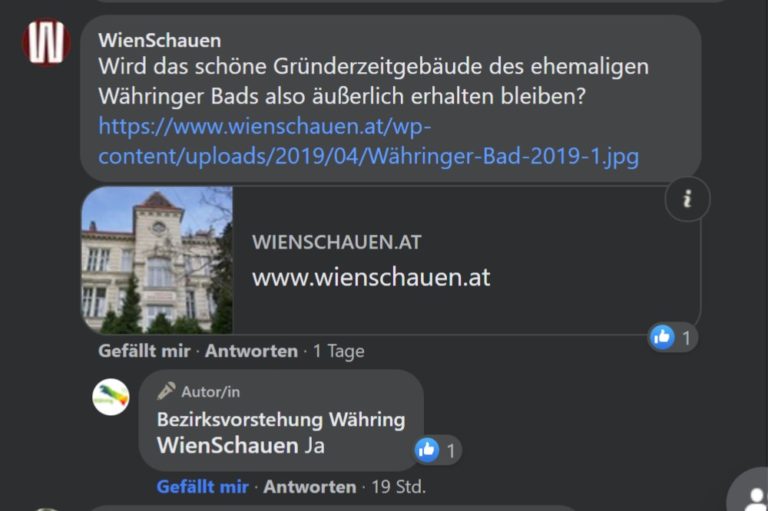 Ausschnitt aus der Facebook-Seite der Bezirksvorstehung Währing
