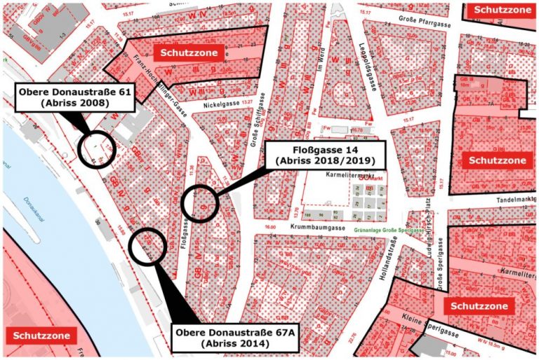 Karte mit abgerissenen Häusern in der Floßgasse und Oberen Donaustraße in Wien-Leopoldstadt