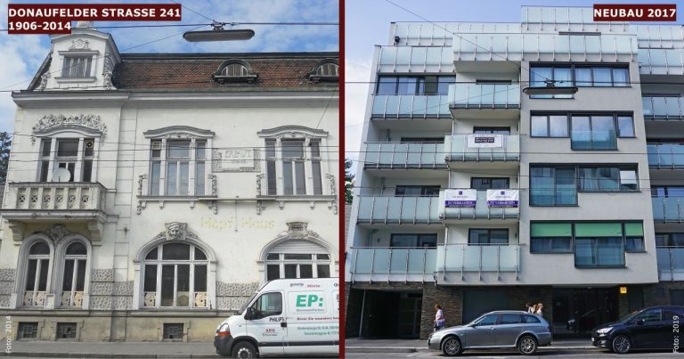 Vergleich zwischen einem abgerissenen Altbau und dem Neubau