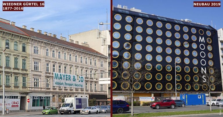 Vergleich zwischen einem abgerissenen Altbau und dem Neubau