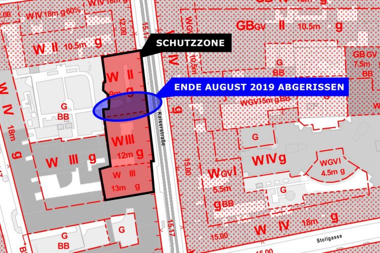 Karte mit Schutzzonen und Infos zu einem Teilabriss in der Kaiserstraße, Wien-Neubau