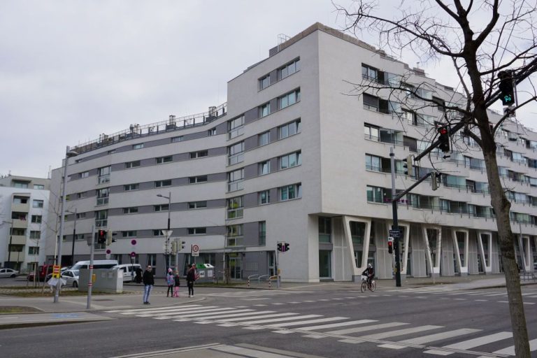 Neubau-Wohnhaus, Sonnwendviertel, Sonnwendgasse, Straße Bäume, Asphalt graue Fassaden, Wien-Favoriten