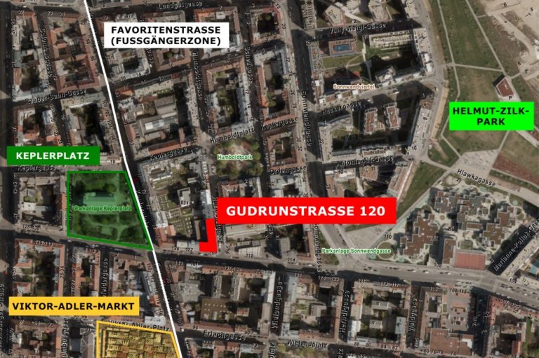 Satellitenbild, Gudrunstraße 120, Keplerplatz, Viktor-Adler-Markt, Favoritenstraße, Helmut-Zilk-Park