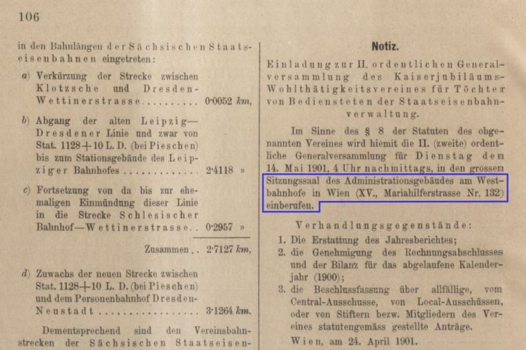 Auschnitt aus dem "Verordnungs- und Anzeige-Blatt der k.k. General-Direction der österr. Staatsbahnen", hervorgehoben ist der Text zum Gebäude Mariahilfer Straße 132