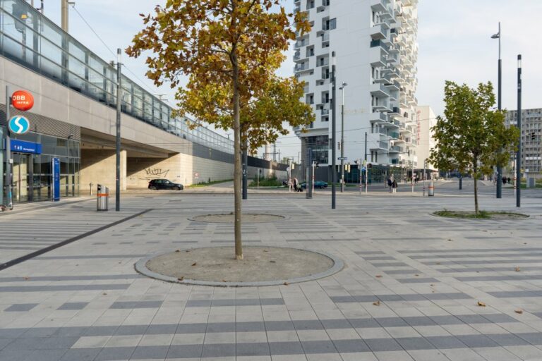 Bäume und Freifläche beim Hauptbahnhof, Wohnhochhaus, Brücke