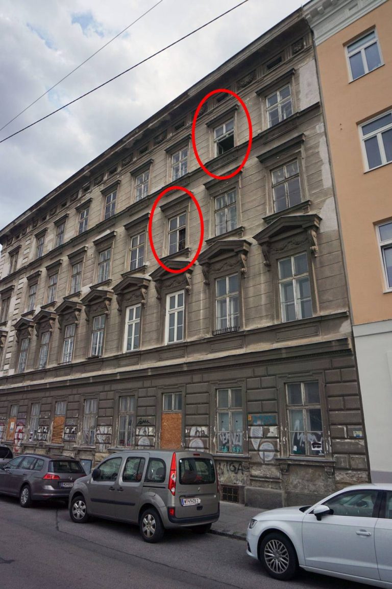 Hetzgasse 8, renovierungsbedürftiges Gründerzeithaus mit offenen Fenstern in Wien