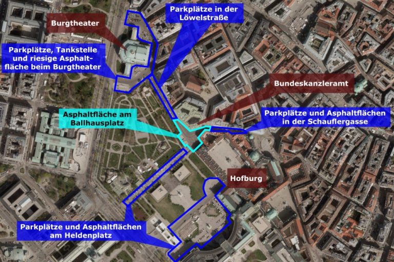 Karte mit Infos zum öffentlichen Raum zwischen Burgtheater, Ballhausplatz und Hofburg/Heldenplatz
