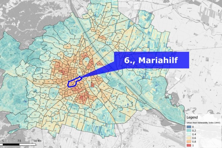 Hitzekarte für Wien, 6. Bezirk hervorgehoben