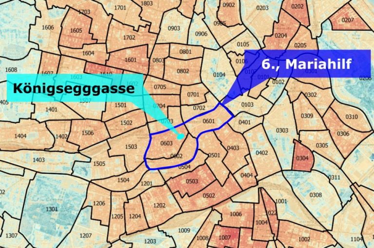 Hitzekarte für Wien, hervorgehoben sind der 6. Bezirk und die Königsegggasse