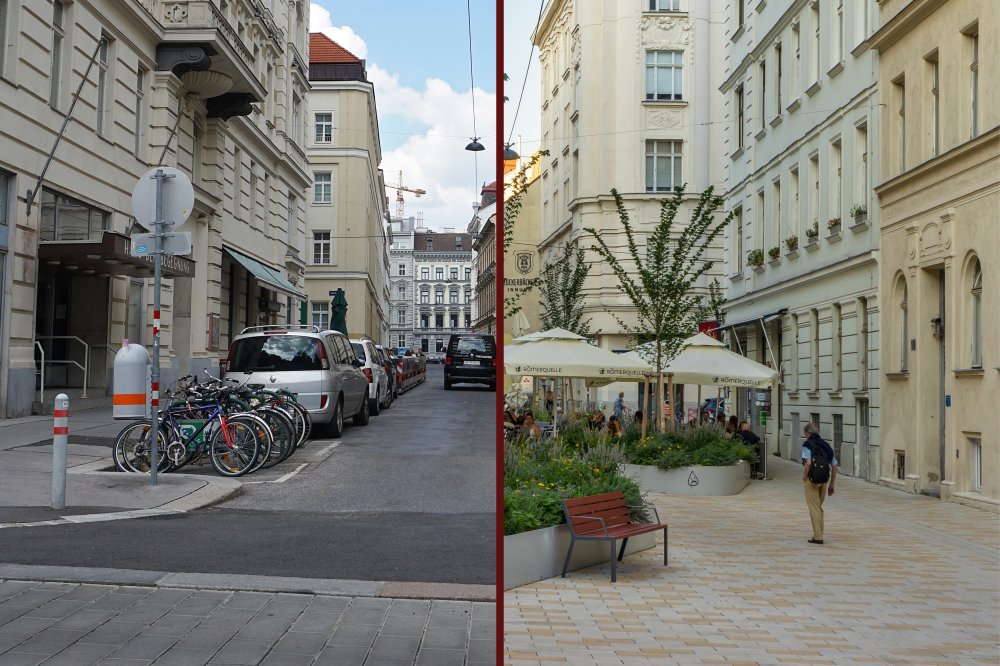 Königsegggasse vor und nach dem Umbau zur Fußgängerzone, 6. Bezirk, Wien