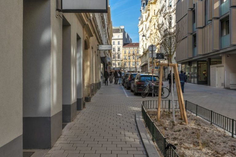 Otto-Bauer-Gasse nach dem Umbau zur Begegnungszone, Parkplätze, Bäume, Fußgänger