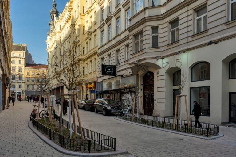 Begegnungszone in der Otto-Bauer-Gasse, Bäume, Pflasterung, PKW, Fußgänger, nahe Mariahilferstraße, 1060 Wien