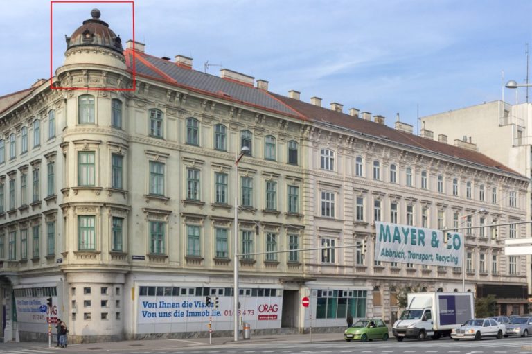 Wiedner Gürtel 16 vor dem Abriss, Wiedner Gürtel 18 mit historischer Kuppel (später zerstört), Wien, 4. Bezirk