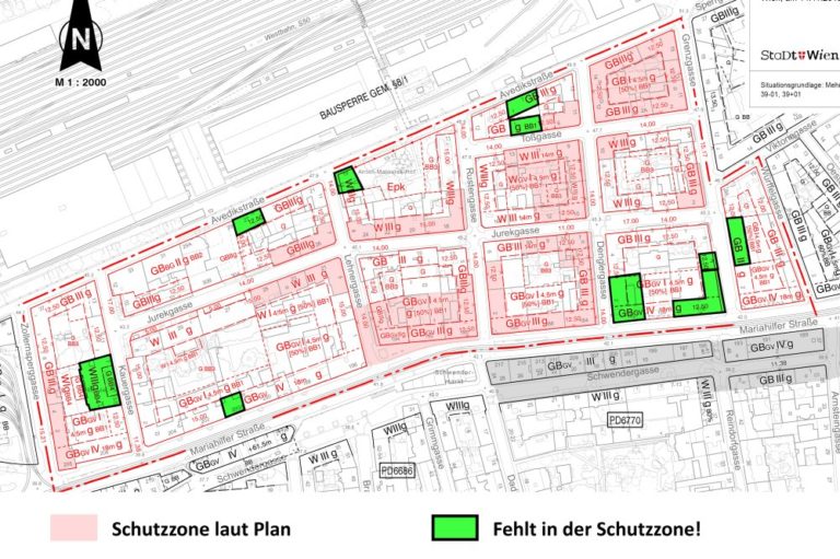 Karte mit Schutzzonen in Rustendorf, Wien, Rudolfsheim-Fünfhaus