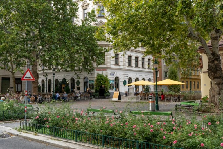 Sobieskiplatz in Wien-Alsergrund, Gründerzeithäuser, Bäume, Begrünung, Pflasterung