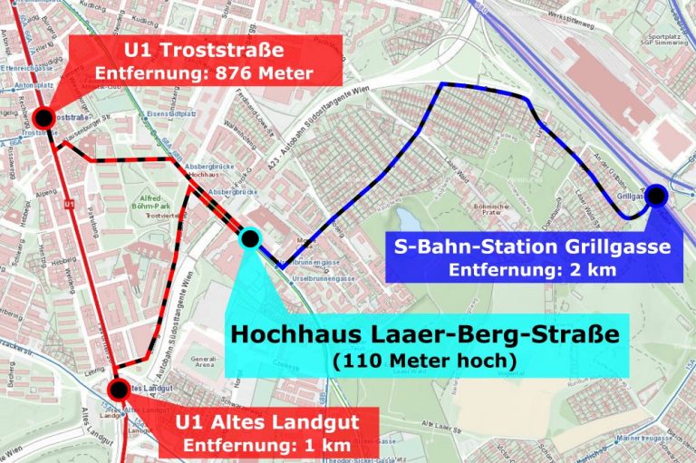 Karte mit Fußwegen, Laaer- Berg, Troststraße, Altes Landgut, Grillgasse