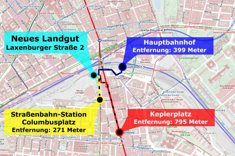 Karte mit Fußwegen, Neues Landgut, Hauptbahnhof, Columbusplatz, Keplerplatz