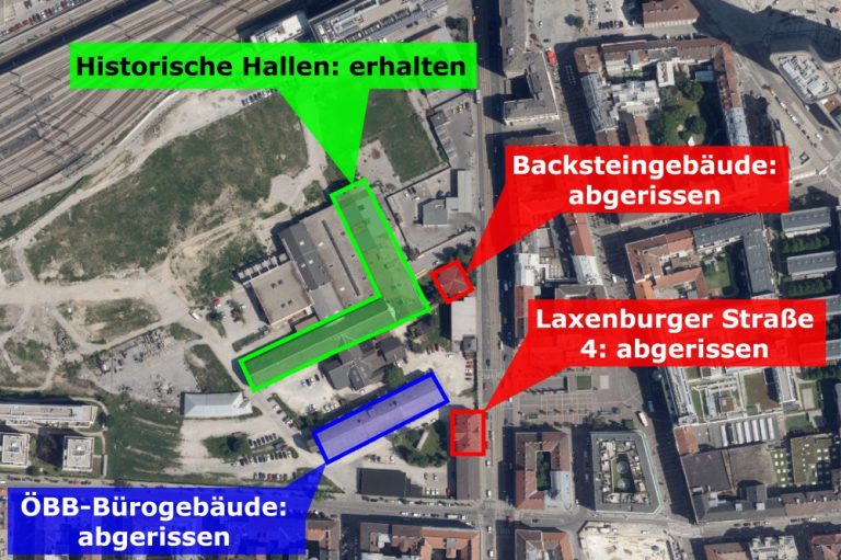 Satellitenbild der Laxenburger Straße, Details zu Abrissen am Neuen Landgut