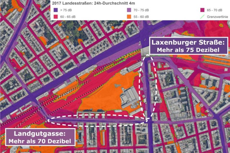 Lärmkarte des nördlichen Favoriten, Laxenburger Straße mehr als 75 Dezibel, Landgutgasse mehr als 70 Dezibel, Wien