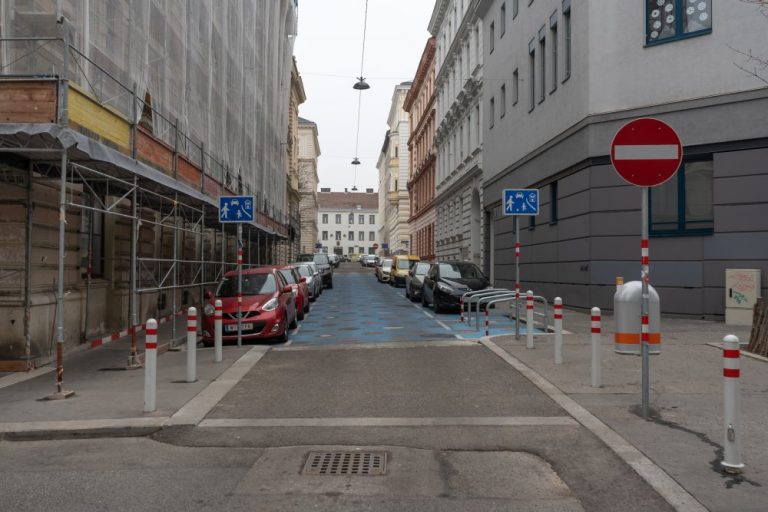 Wohnstraße in der Staglgasse, Parkplätze, Fahrbahn mit blauer Farbe, 1150 Wien