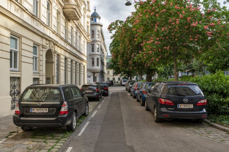 Bennoplatz, Autos, Bäume, Straße, Gründerzeithäuser, Wien, Josefstadt