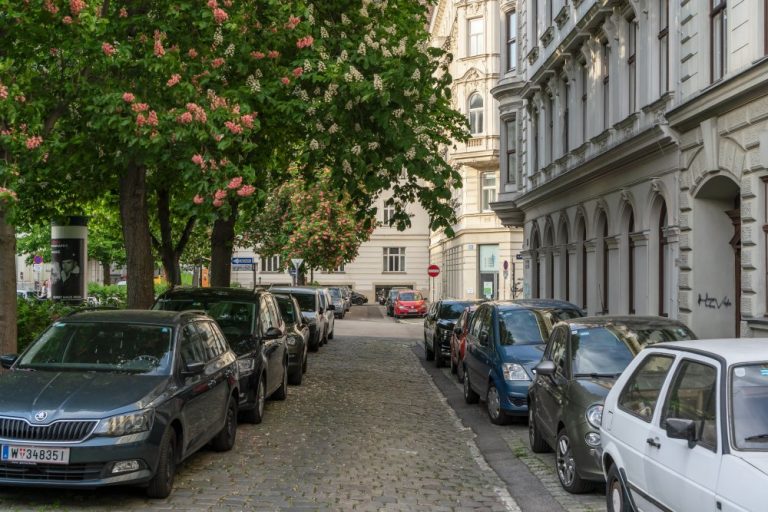 parkende Autos am Bennoplatz, Bäume, Häuser, Wien