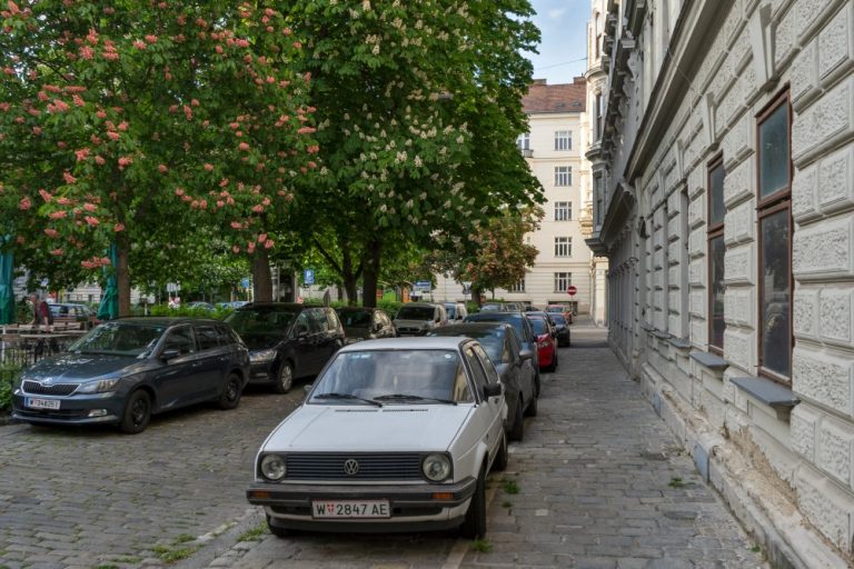 Autos, Kastanienbäume, Pflasterung, Bennoplatz, Josefstadt