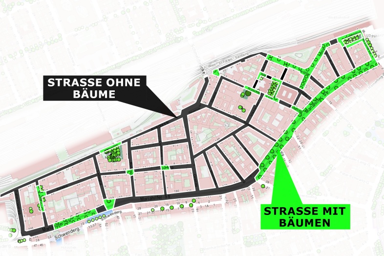 Karte von Rustendorf, 1150 Wien, eingezeichnet sind Straßen mit Bäumen und Straßen ohne Bäume