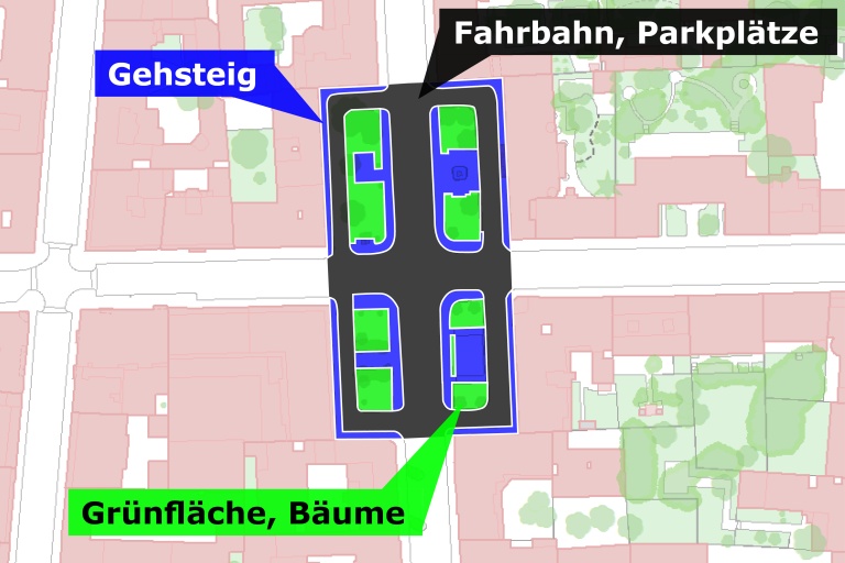 Karte mit Flächenverteilung, Albertplatz (Fahrbahn, Parkplätze, Gehsteig, Grünfläche Bäume)