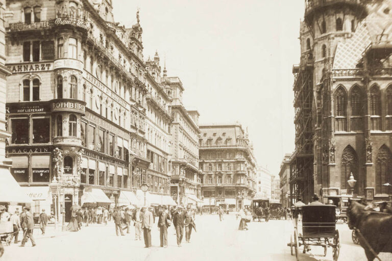 Stephansplatz zur Jahrhundertwende, Kutschen, Passanten, Warenhaus Rothberger, Stephansdom, Wollzeile