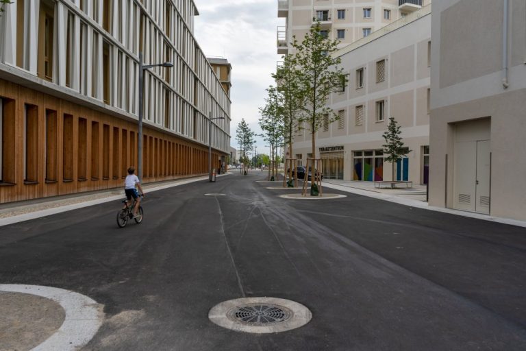 öffentlicher Raum im Seeparkquartier, Seestadt Aspern, Fußgängerzone, Asphalt, Bäume