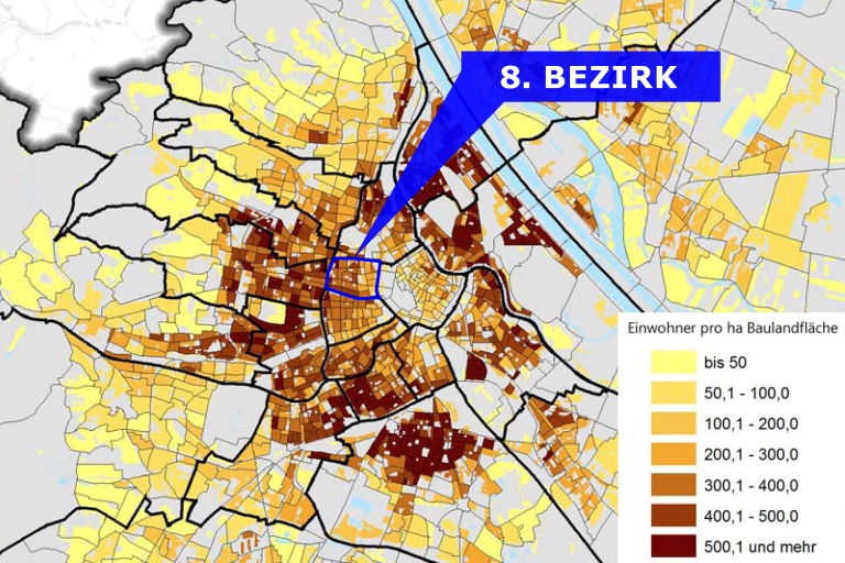 Karte mit der Bevölkerungsdichte in Wien, hervorgehoben der 8. Bezirk (Josefstadt)