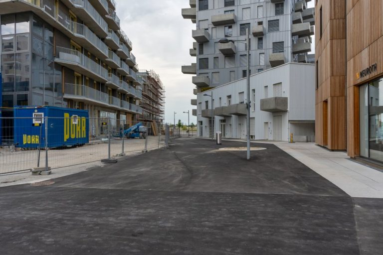 öffentlicher Raum im Seeparkquartier, Seestadt Aspern, Fußgängerzone, Asphalt, Baustelle