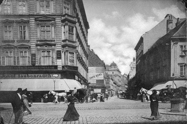 Neubaugasse, Mariahilferstraße, historische Aufnahme, Gebäude später durch Neubauten ersetzt, Wien