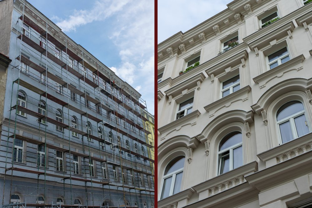 Vergleich einer Hausfassade in Wien-Landstraße vor und nach der Renovierung