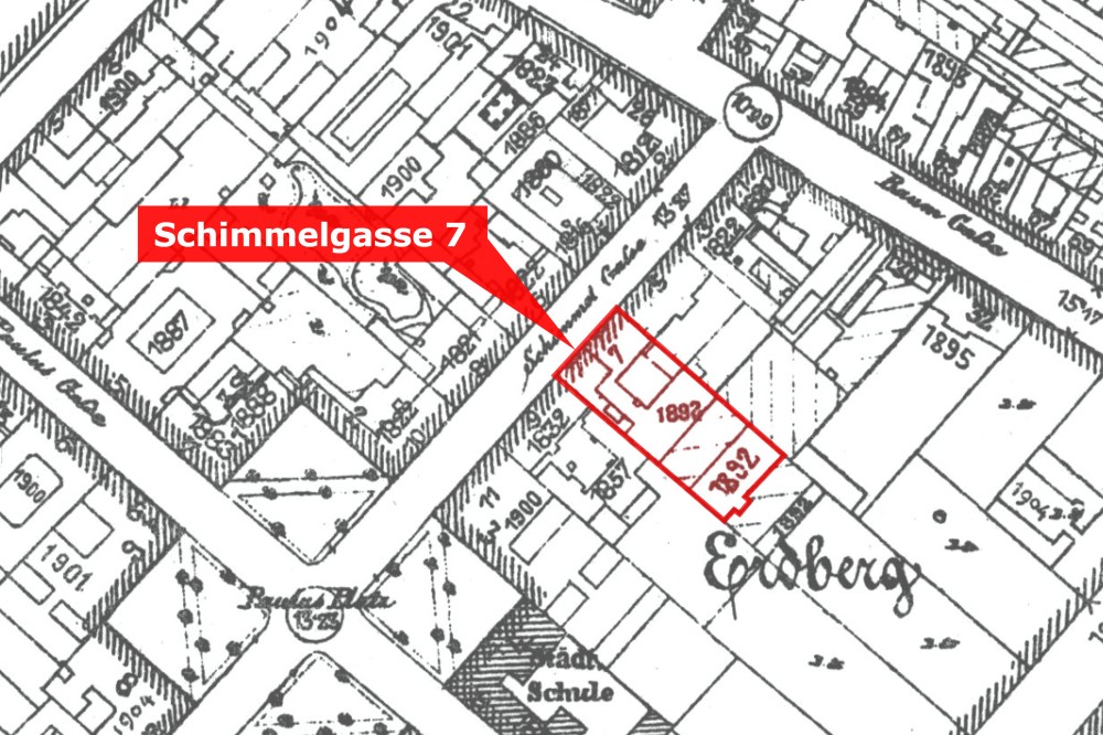 Stadtplan von 1904 mit eingezeichneter Adresse "Schimmelgasse 7", 1030-Wien