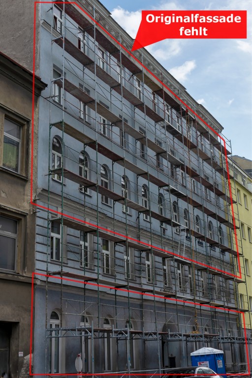 Gründerzeithaus in Wien-Landstraße wird renoviert, Gerüst, Schimmelgasse, mit Hinweis "Originalfassade fehlt"