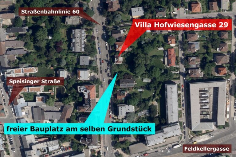 Satellitenbild der Hofwiesengasse, Speising, Hietzing, Wien, mit Villa Hofwiesengasse 29