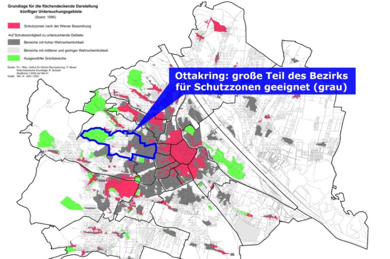 Wien-Karte mit Schutzzonen und für Schutzzonen geeigneten Gebieten, Studie von 1996, Altstadterhaltung, Ensembleschutz