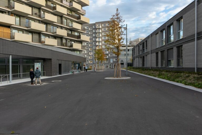 Seestadt Aspern, Fußgängerzone, Seeparkquartier, Asphalt, Bäume, 1220 Wien