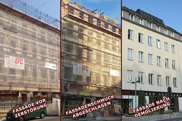 Gründerzeithaus Favoritenstraße 129: mit historischer Fassade, Demolierung der Fassade, geglättete Fassade, Wien