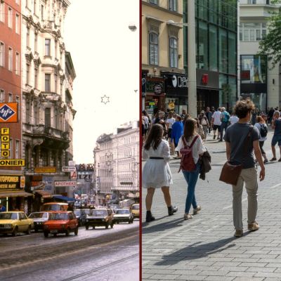 Mariahilfer Straße in den 1980ern und im Jahr 2020, Autos, Fußgänger