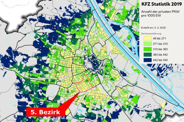 Karte mit Motorisierungsgrad in Wien, private PKW pro Einwohner, Statistik