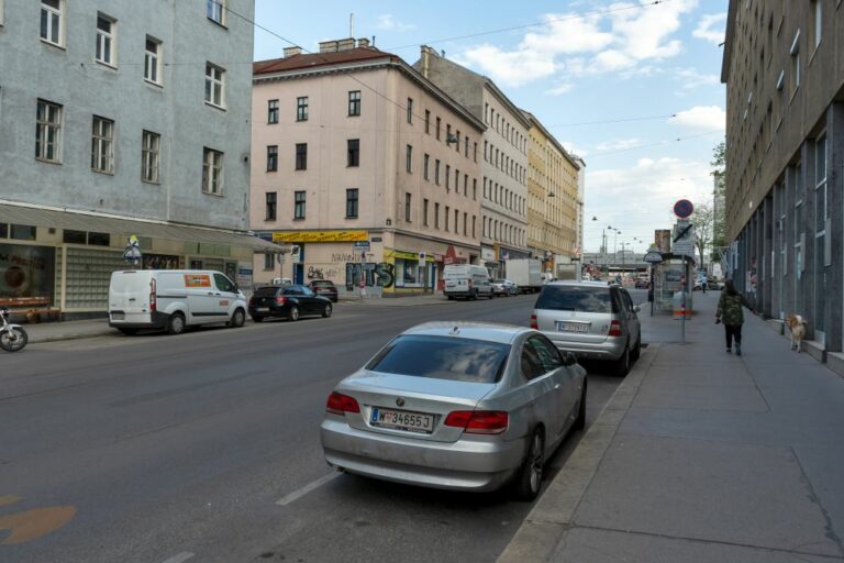 Reinprechtsdorfer Straße im 5. Bezirk in Wien, Autos, Fußgängerin, Hund