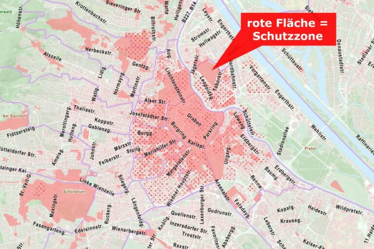 Karte mit Schutzzonen in Wien, Ortsbildschutz, Ensembleschutz, Altstadterhaltung