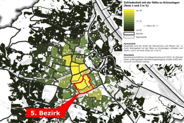 Karte, die die Zufriedenheit mit der Nähe zu Grünanlagen zeigt. Wien, Margareten, Statistik